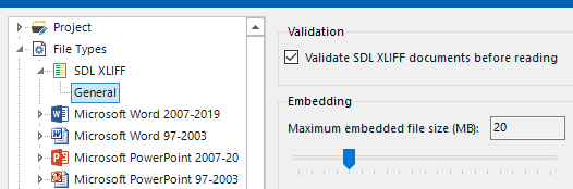 Trados Studio project settings showing the 'SDL XLIFF' file type selected with 'Embedding' options, including 'Maximum embedded file size (MB): 20' highlighted.