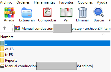 Screenshot of Trados Studio project folders showing a zip file named 'Manual conducci n_copia.zip' with file size details.