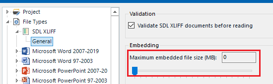 Trados Studio project settings window showing the 'Embedding' section with 'Maximum embedded file size (MB):' set to 0.