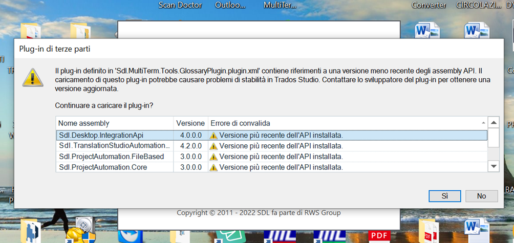 Trados Studio third-party plugin error message. The plugin 'Sdl.MultiTerm.Tools.GlossaryPlugin.xml' references an older API version which may cause stability issues. It prompts to continue loading the plugin with a list of assemblies and version errors displayed.