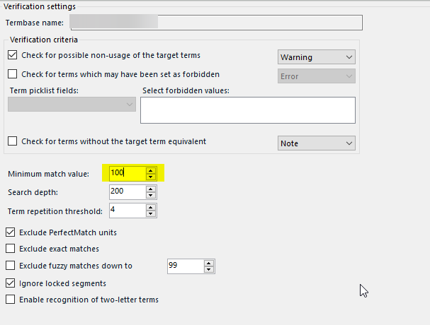 Screenshot of Trados Studio verification settings with 'Minimum match value' set to 100%.