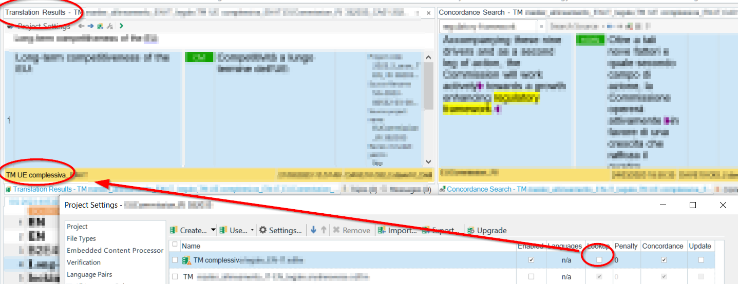 Screenshot of Trados Studio 2022 showing Translation Results and Concordance Search panels. The 'lookup' checkbox for 'TM UE complessiva' is unchecked, but the program still performs a lookup.