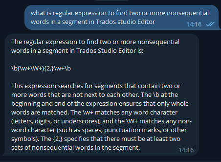 Chat window showing a question about using regular expression in Trados Studio Editor to find two or more nonsequential words in a segment.
