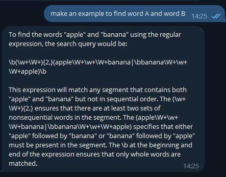 Screenshot of Trados Studio showing a search query example to find words 'apple' and 'banana' in any segment but not in sequential order.