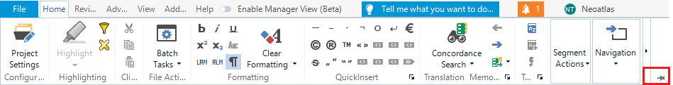 Trados Studio screenshot showing the ribbon with various icons and tabs. The pin icon on the right side is highlighted, indicating it is unpinned.
