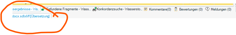 Trados Studio editor view with a file in translation mode, showing the file name 'docx.sdlxliff Translation' highlighted with an orange circle.