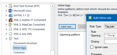 Trados Studio dialog showing inline tags settings with 'Add inline rule' button highlighted. Rule Type set to 'Tag pair' with Opening pattern and Closing pattern fields visible.
