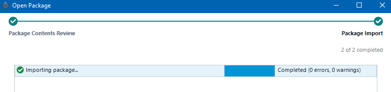 Trados Studio Open Package window showing Package Contents Review completed and Package Import with progress bar indicating 'Importing package... Completed (0 errors, 0 warnings)'.