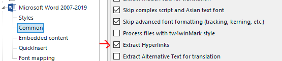 Trados Studio screenshot showing file type configuration options for Microsoft Word with 'Extract Hyperlinks' checked.