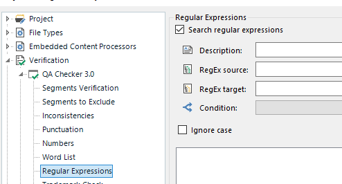 Trados Studio screenshot displaying the QA Checker 3.0 with Regular Expressions section expanded but fields empty.