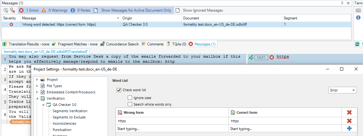 Trados Studio error message indicating a wrong word detected 'https' with suggestion to correct form 'http'.