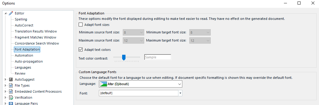 Trados Studio Options window showing Editor settings for Font Adaptation with options to adapt font sizes and text colors, and Custom Language Fonts settings.