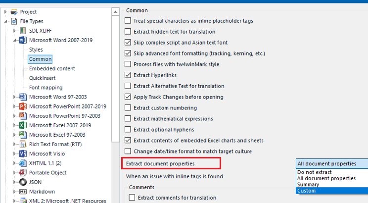 Trados Studio Project Settings showing File Types expanded with Microsoft Word selected. Under Common, 'Extract document properties' is highlighted with options on the right: All document properties, Do not extract, All document properties Summary, Custom.