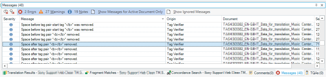 Trados Studio Messages window showing 2 errors and 27 warnings related to space issues before and after tag pairs in the Tag Verifier.