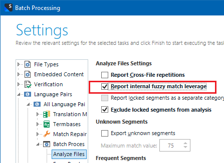 Trados Studio settings window showing 'Analyze Files Settings' with 'Report internal fuzzy match leverage' checkbox ticked.