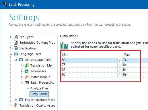 Screenshot of Trados Studio's Batch Processing settings with Fuzzy Bands section expanded showing default percentage ranges.