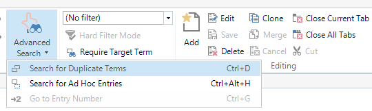 Trados Studio MultiTerm interface showing Advanced Search dropdown with options like Hard Filter Mode, Require Target Term, Search for Duplicate Terms, and Search for Ad Hoc Entries.