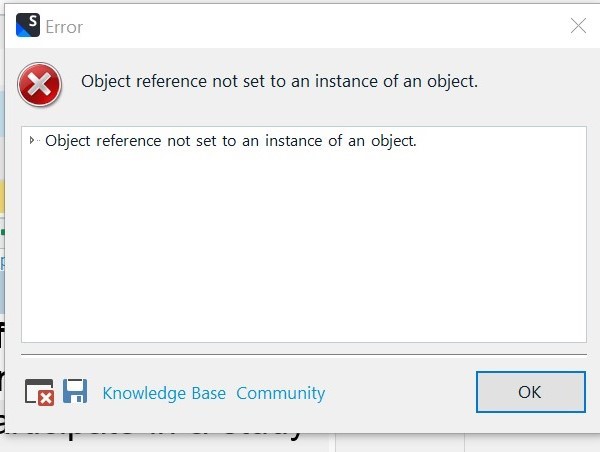 Error dialog box in SDL Trados Studio 2022 displaying message: 'Object reference not set to an instance of an object.' with an OK button.