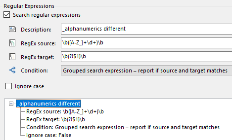 Trados Studio Regular Expressions window showing a description 'alphanumerics different' with RegEx Source and RegEx Target fields filled with specific alphanumeric rules and a condition set to report if source and target matches.