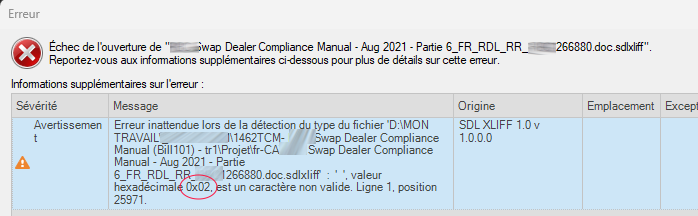 Error message in Trados Studio indicating failure to open a file due to an invalid hexadecimal character in the comments section.