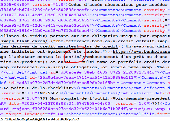 Close-up view of the sdlxliff file's comments section in Trados Studio, highlighting the hexadecimal characters that need to be removed to fix the file opening issue.
