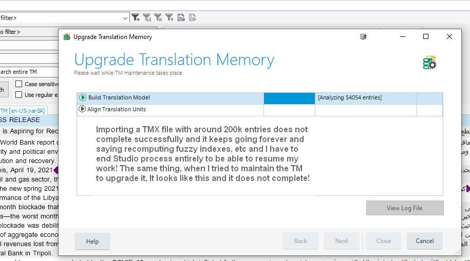 Trados Studio Upgrade Translation Memory window showing a stalled process at 'Analyzing 54054 entries' with a user complaint about importing a TMX file with 200k entries that never completes.