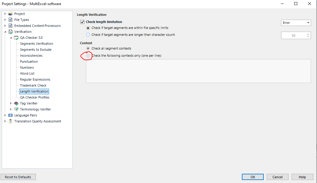 Trados Studio Project Settings window showing Length Verification options with an error icon next to 'Check the following contexts only' field.