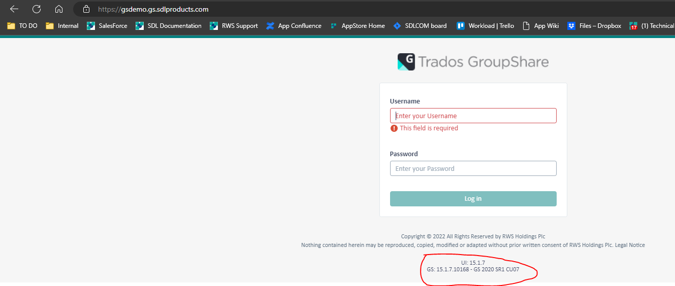 Trados GroupShare login page with an error message indicating 'This field is required' for the Username input field. GroupShare version GS 15.1.7.10168 - GS 2020 SR1 CU07 is circled in red at the bottom.