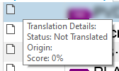 Trados Studio screenshot showing Translation Details with Status: Not Translated and Score: 0%.