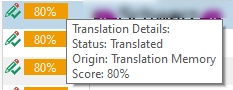 Trados Studio screenshot showing Translation Details with Status: Translated, Origin: Translation Memory, and Score: 80%.