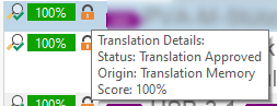 Trados Studio screenshot showing Translation Details with Status: Translation Approved, Origin: Translation Memory, and Score: 100%.