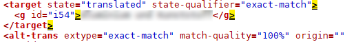 Code snippet from Trados Studio with target state 'translated' and state-qualifier 'exact-match' showing match-quality '100%'.