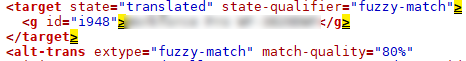 Code snippet from Trados Studio with target state 'translated' and state-qualifier 'fuzzy-match' showing match-quality '80%'.