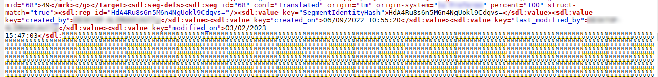 Screenshot of a corrupted sdlxliff file opened in a text editor showing normal text abruptly replaced with a series of 'N' characters indicating file corruption.
