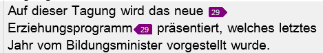 Screenshot of Trados Studio showing a segment of text with a purple highlighted error at the word 'Erziehungsprogramm' and a number 29 indicating a comment or issue.