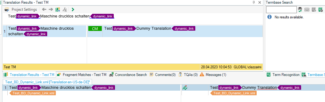 Trados Studio displaying a Context Match (CM) from the Translation Memory (TM) for the segment 'Test dynamic_link Maschine drucklos schalten dynamic_link' with a dummy translation.
