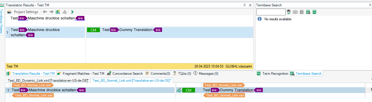 Trados Studio screen with a Context Match from TM for a segment 'Test link Maschine drucklos schalten link' and a dummy translation, showing different tag content from the first file.