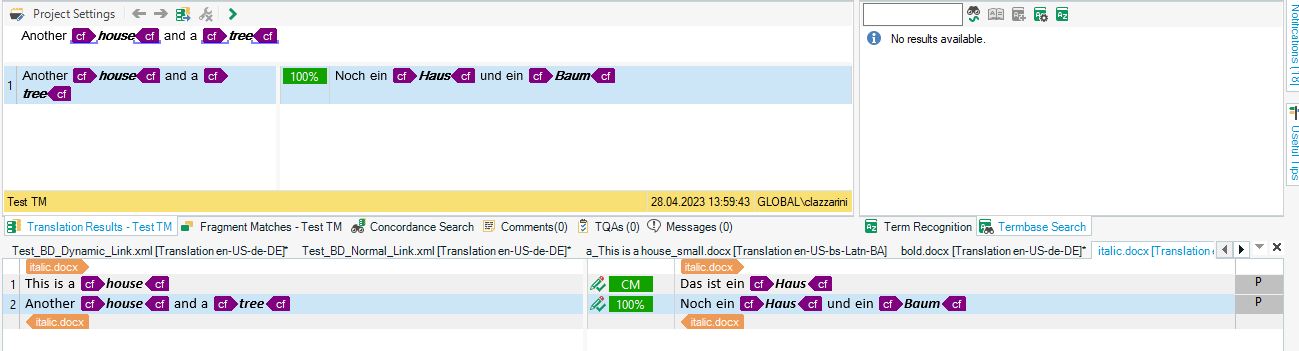 Trados Studio screenshot showing Translation Results with 100% CM match despite different formatting, words in italic matched to TM entry with bold formatting.