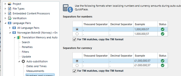 Trados Studio project settings showing options for separators for numbers and currency with a green checkmark indicating the current selection for thousand separator as a comma and decimal separator as a period.