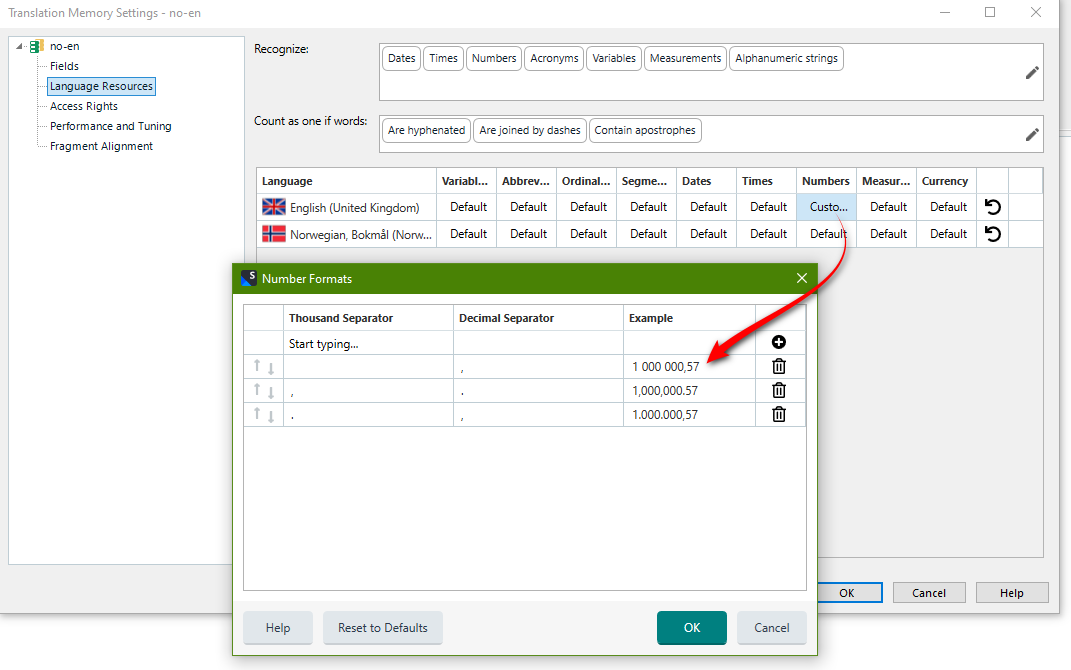 Trados Studio Translation Memory Settings window showing Number Formats section with a red arrow pointing to the 'Add' button for English (United Kingdom) language.