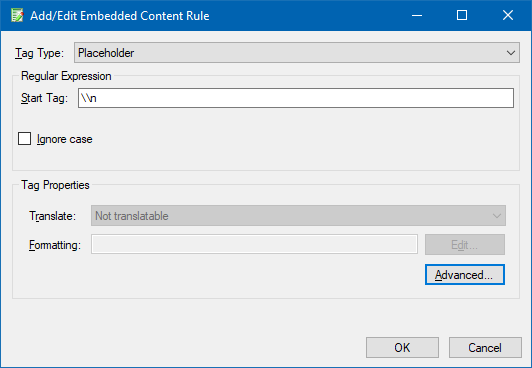 Trados Studio dialog box for adding or editing an embedded content rule with fields for Tag Type, Regular Expression, Start Tag, and options to ignore case.