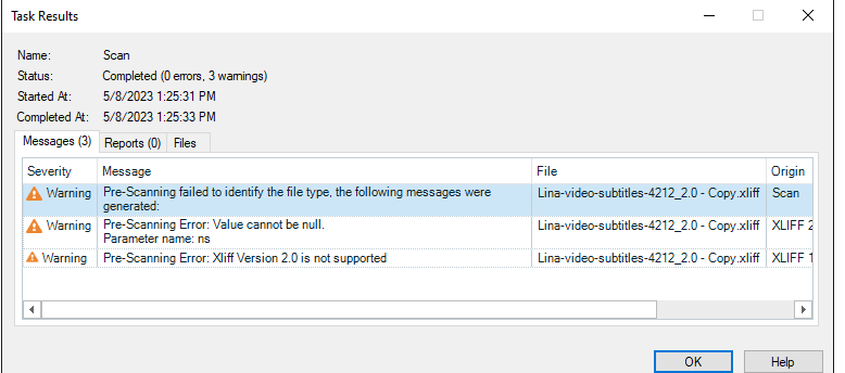Trados Studio Task Results window showing 3 warnings: 'Pre-Scanning failed to identify the file type', 'Pre-Scanning Error: Value cannot be null', and 'Pre-Scanning Error: Xliff Version 2.0 is not supported'.