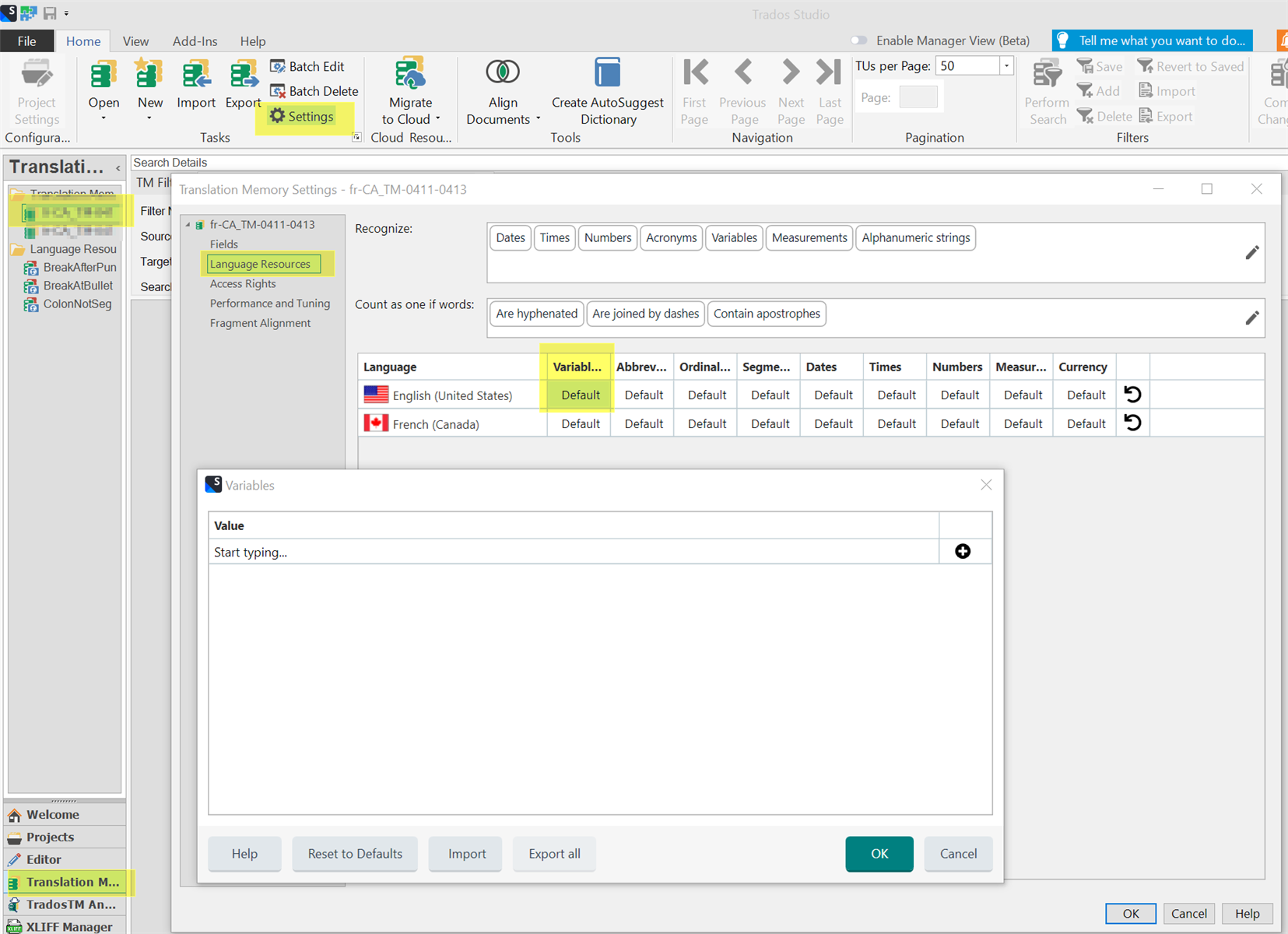 Trados Studio 2022 Translation Memory Settings window showing Language Resources tab with Variables column for English (United States) and French (Canada).