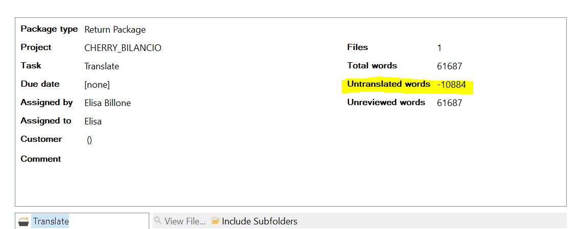 Screenshot of Trados Studio return package summary showing a negative number for untranslated words, highlighted in yellow.