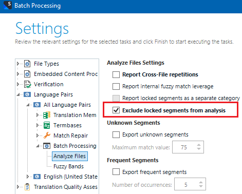 Trados Studio Batch Processing settings with 'Exclude locked segments from analysis' option checked.