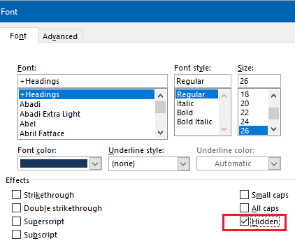 Word font settings dialog box with 'Hidden' text formatting option checked.