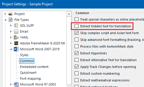 Screenshot of Trados Studio Project Settings with 'Extract hidden text for translation' checkbox highlighted but not checked.