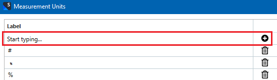 Trados Studio Measurement Units settings window with an empty field labeled 'Start typing...' and a plus icon to add new units.