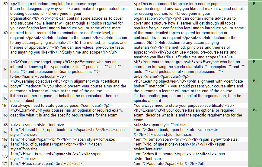 Screenshot of Trados Studio showing a comparison of source and target text with HTML tags visible. No errors or warnings are indicated.