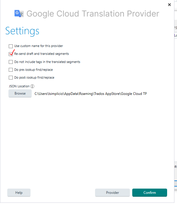 Trados Studio Google Cloud Translation Provider settings window with 'Re-send draft and translated segments' option checked.